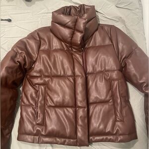 Brown Faux Leather Puffer Coat